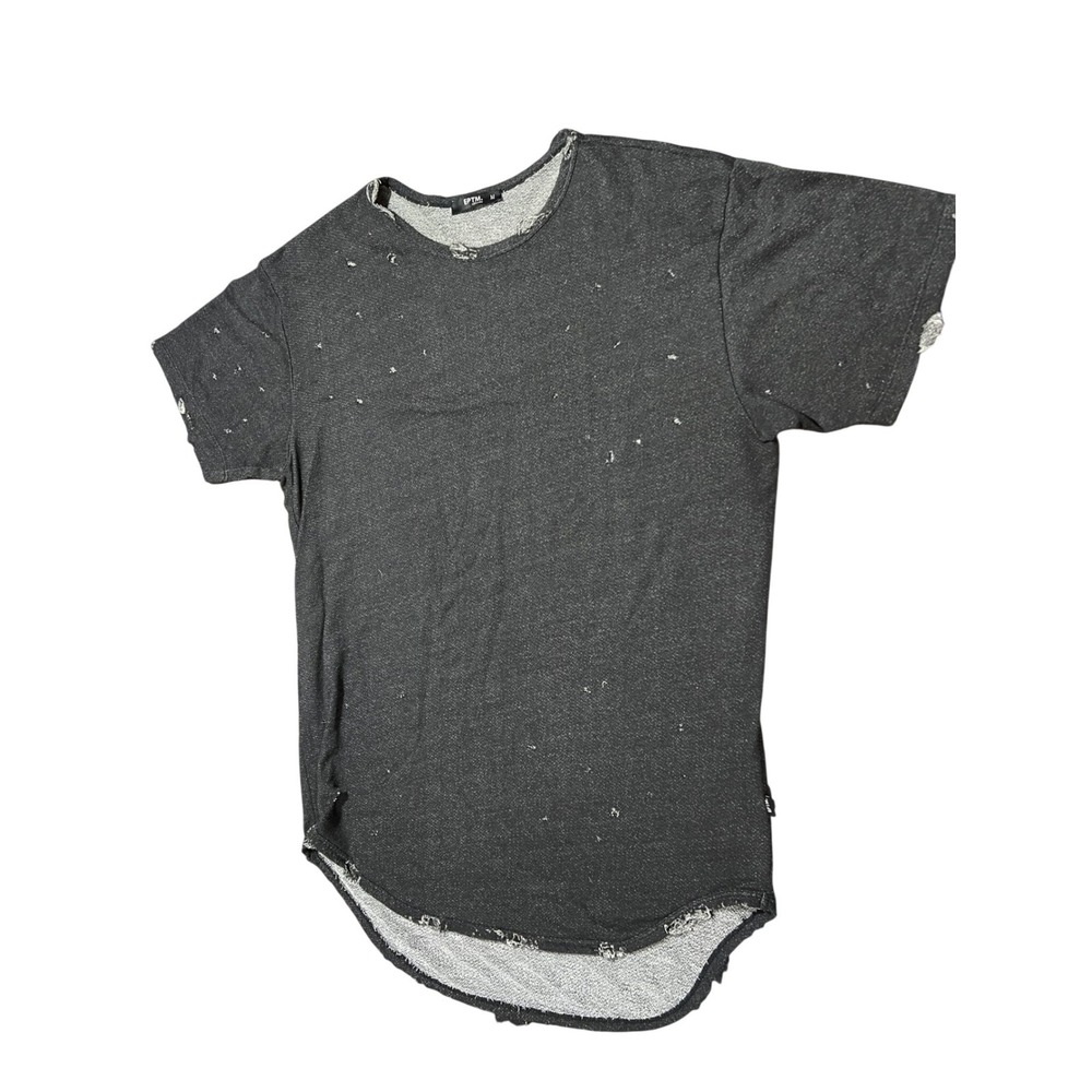 EPTM Mens Distressed Scallop Hem Short Sleeve Shirt Charcoal Grey Size M